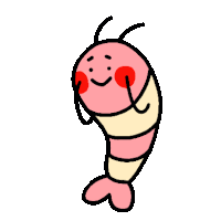 a cartoon drawing of a shrimp with red cheeks