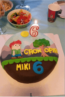 a birthday cake for miki 6 with a candle on top