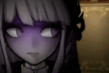 a close up of a girl 's face with purple eyes and a purple background .