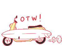 a cartoon drawing of a scooter with a surfboard on the back and the words " otw " written above it