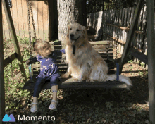 a little girl is sitting on a swing with a dog and the word momento is on the bottom right