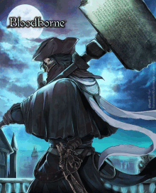 a drawing of a man holding a large axe with the word bloodborne on the top