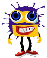 a yellow and purple cartoon character with big blue eyes