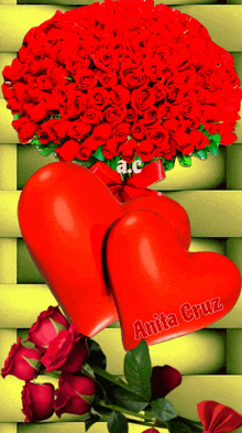 a bunch of red roses and two red hearts with the name anita cruz on them