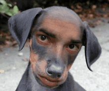 a dog with a man 's face painted on it 's face .