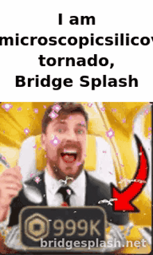 a man in a suit and tie is holding a spoon and fork in front of a sign that says 999k bridgesplash net