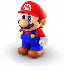 a mario figurine is wearing overalls and a red hat with a m on it