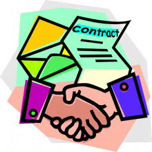 a cartoon drawing of two people shaking hands with a contract behind them