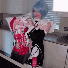 a woman in a maid costume is holding a pillow with zero two on it