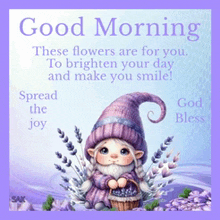 a good morning greeting card with a gnome holding a basket of flowers