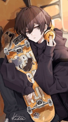 a boy in a hoodie is holding a skateboard and wearing headphones .