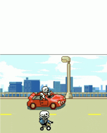 a pixel art of a skeleton driving a car