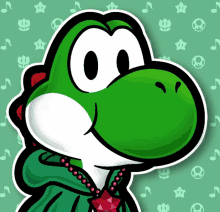 a cartoon drawing of a green yoshi with a red necklace