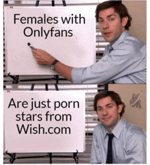 a man points to a white board that says " females with onlyfans "