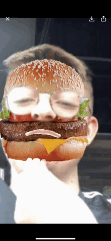 a person with a hamburger on their face