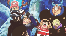 a group of people are standing next to each other in a cartoon scene from one piece .