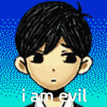 a cartoon of a boy with the words i am evil written on it