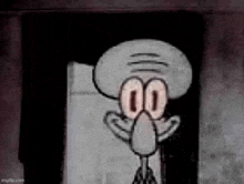 squidward from spongebob squarepants is standing in a dark room looking out of a window .