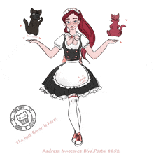 a maid is holding a black cat and a red cat in her hands