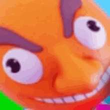 a close up of an orange cartoon character 's face with a purple eyebrow and a smile .