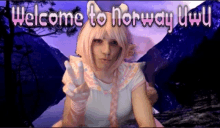 a girl in a pink wig is giving a peace sign in front of mountains and the words welcome to norway uwu