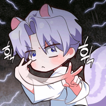 a cartoon drawing of a person with purple hair