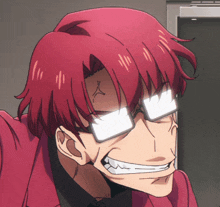 a man with red hair is wearing glasses and has an x on his forehead