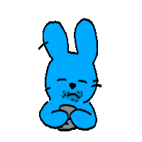 a drawing of a blue bunny with its eyes closed holding something