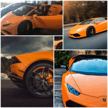 a collage of four pictures of an orange lamborghini