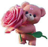 a teddy bear is holding a pink rose and a green leaf ..