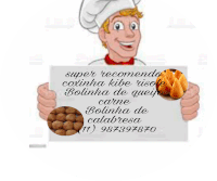 a chef is holding a sign that says super recommendo coxinha kibe risole bolinha de queijo carne bolinha de calabresa