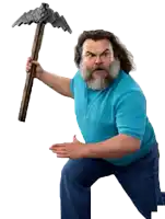 a man with a beard is holding a large hammer