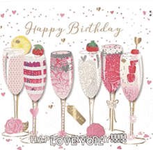 a birthday card with champagne glasses on it and the words happy birthday