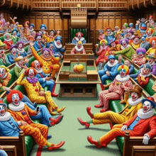 a large group of clowns are sitting in a classroom