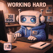 a robot sitting at a desk with a cup of coffee and the words working hard