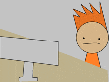 a cartoon drawing of a man with orange hair looking at a computer screen