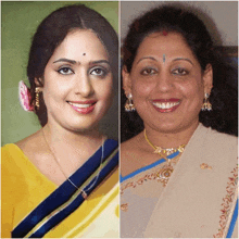 a woman in a yellow top smiles next to another woman in a blue and white dress