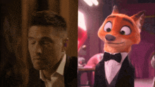 a man in a tuxedo is next to a cartoon fox in a tuxedo