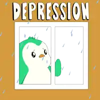 a cartoon of a penguin looking out of a window with the word depression written above it