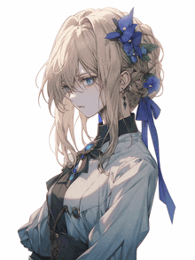 a girl with blonde hair and blue flowers in her hair has her arms crossed