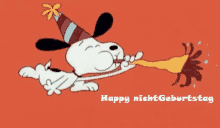 a cartoon of snoopy blowing a party horn with the text happy nicht geburtstag