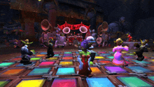 a group of goblins are standing on a dance floor