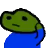 a green frog is wearing a blue shirt and has a sad look on his face .