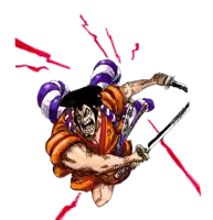 a cartoon drawing of a man holding a sword with a purple and orange outfit