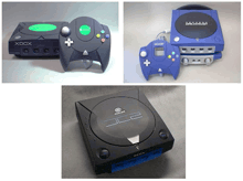 three different video game consoles are shown including an xbox dreamcast and a psp