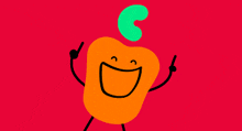 a cartoon drawing of an orange apple with a green c on top