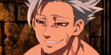 a shirtless anime character with red eyes and a smile on his face