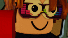 a close up of a cartoon character wearing a pair of glasses with a smiley face on it