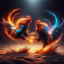 two colorful roosters are standing next to each other in the dirt