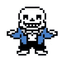 a pixel art drawing of sans from undertale in a blue shirt and black pants .